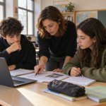 Una docente y dos estudiantes comparan una respuesta generada por IA con fuentes impresas.