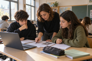 Una docente y dos estudiantes comparan una respuesta generada por IA con fuentes impresas.