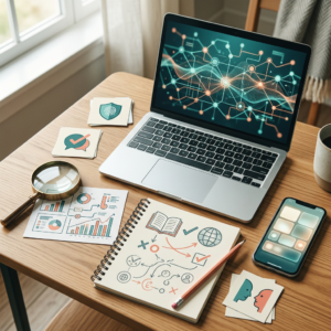 Mesa de trabajo con un portátil, un cuaderno y una lupa para verificar información digital.