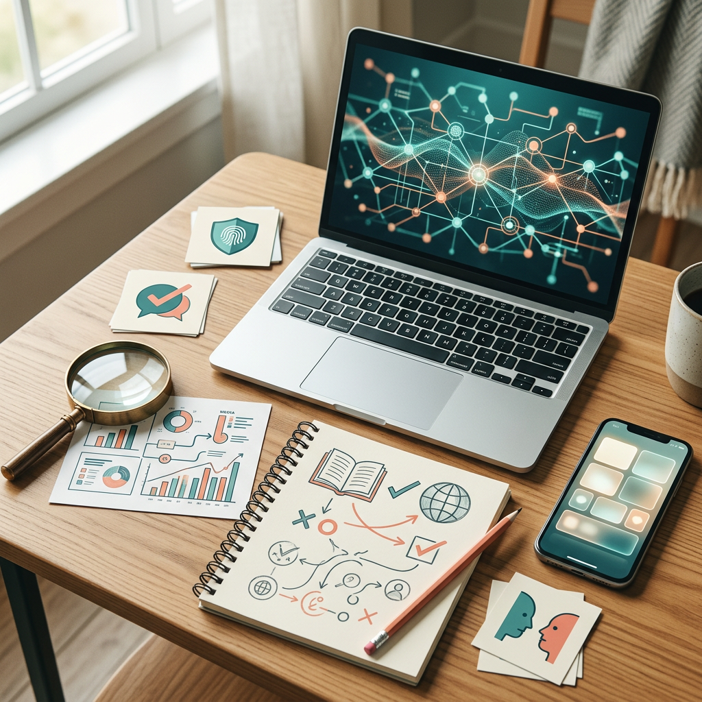 Mesa de trabajo con un portátil, un cuaderno y una lupa para verificar información digital.